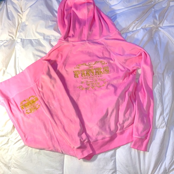 NEW Y2K PINK VELOUR WIDE LEG PANT FULL ZIP HOODIE THE PINKS LOVE & ROCK N ROLL - Picture 2 of 16